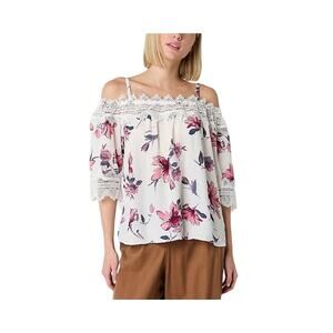 by&by Juniors Womens Blouse Top 3/4 Bell Sleeve Crochet Floral Open shoulder XL